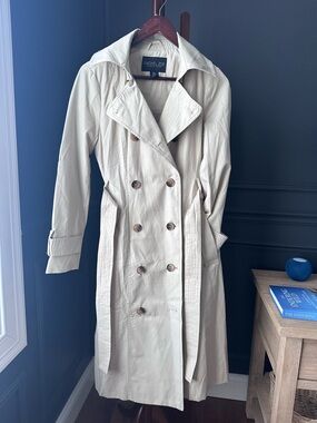 RACHEL ZOE Women's Cream/Khaki Double-Breasted Long Trench Coat w Hood XS